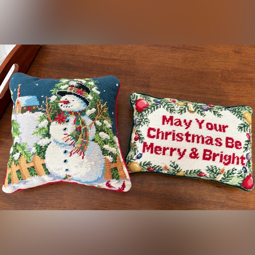Set of 2 Vintage Needlepoint Festive Snowman and Holiday Message Pillow Set